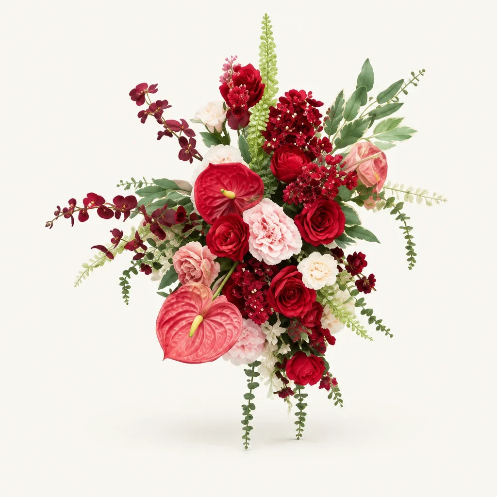 Composition florale rouge de mariage sur fond ivoire