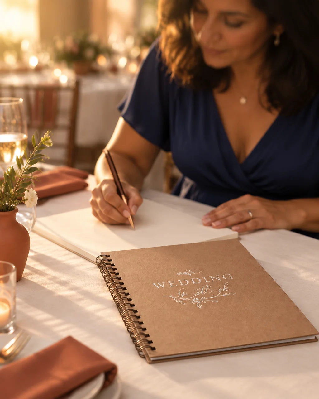The exact brown kraft spiral-bound wedding guest book from the reference, open and closest to the vi