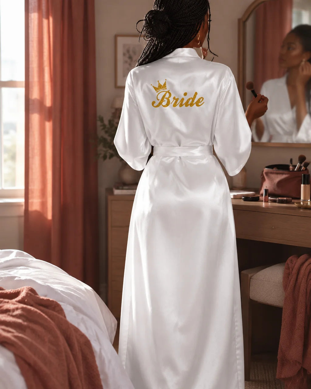 The exact white satin robe from the reference, worn full-length and dominating the frame from the ba