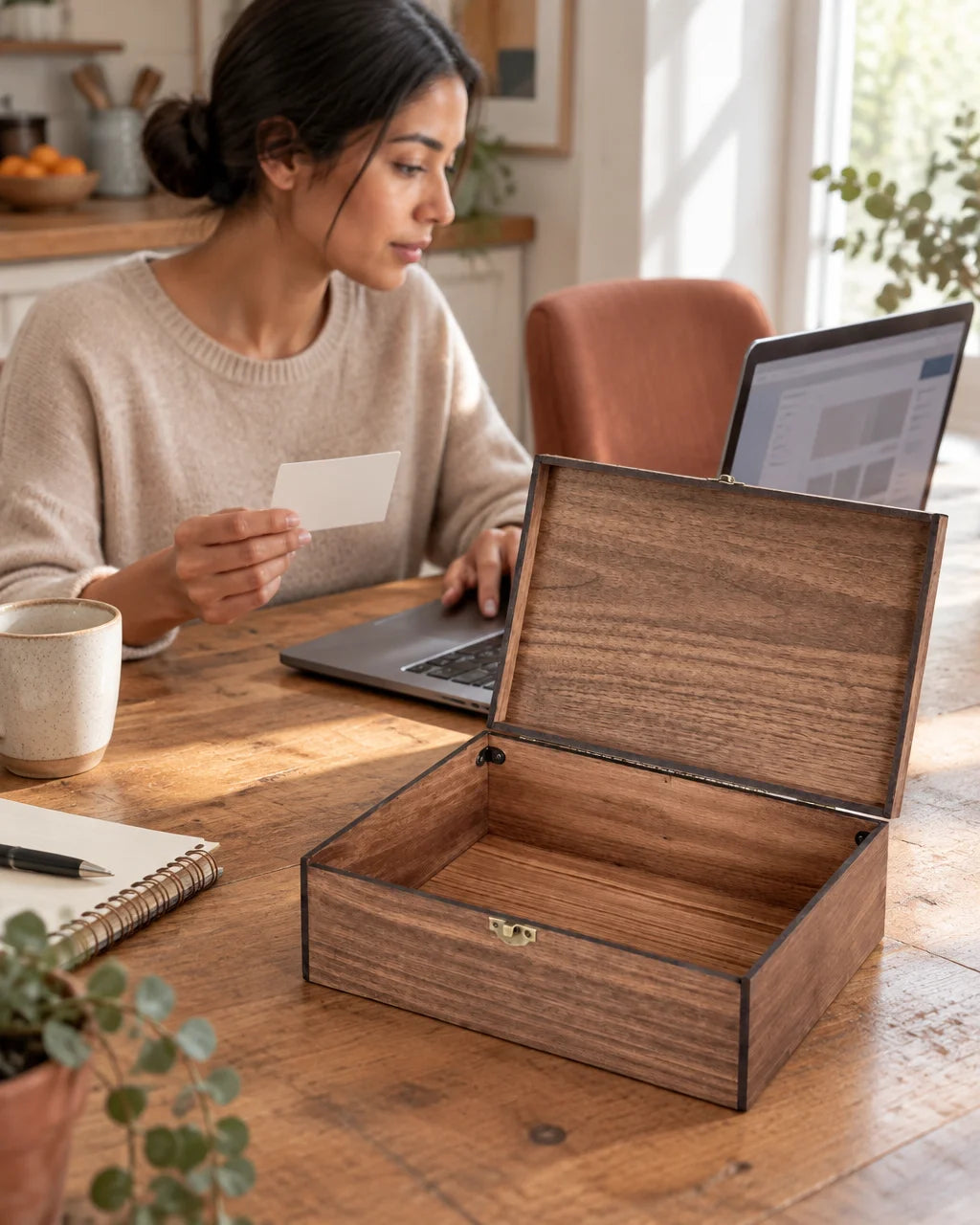 The exact open walnut wood time capsule box from the reference, large in the foreground with its cor