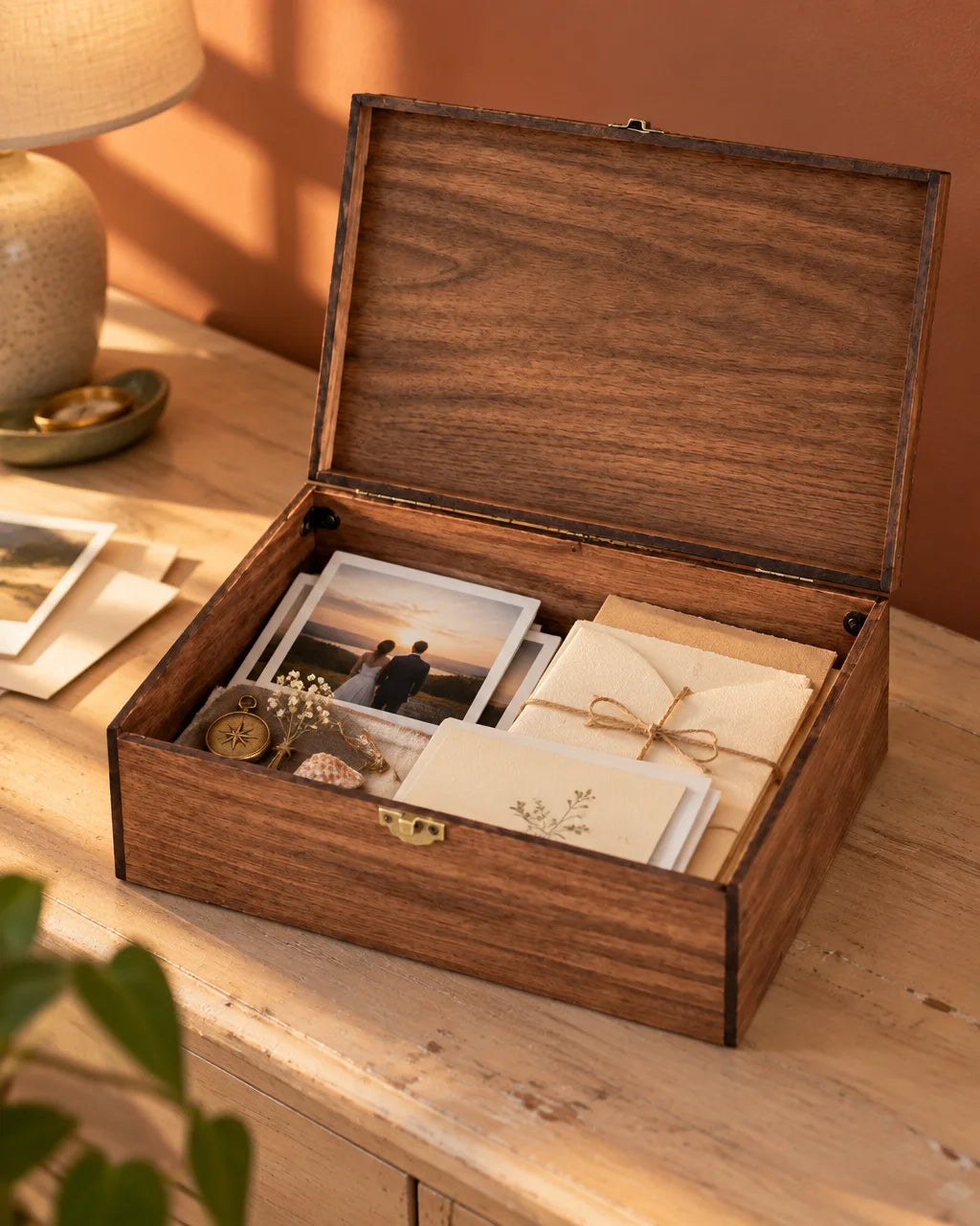 The exact walnut wood time capsule box from the reference, open in a close three-quarter top view, w
