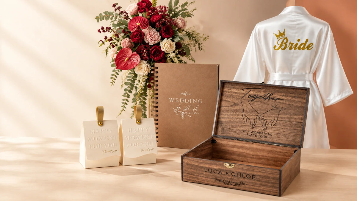An exact medium-brown matte wooden wedding time capsule box, open in three-quarter view with its emp