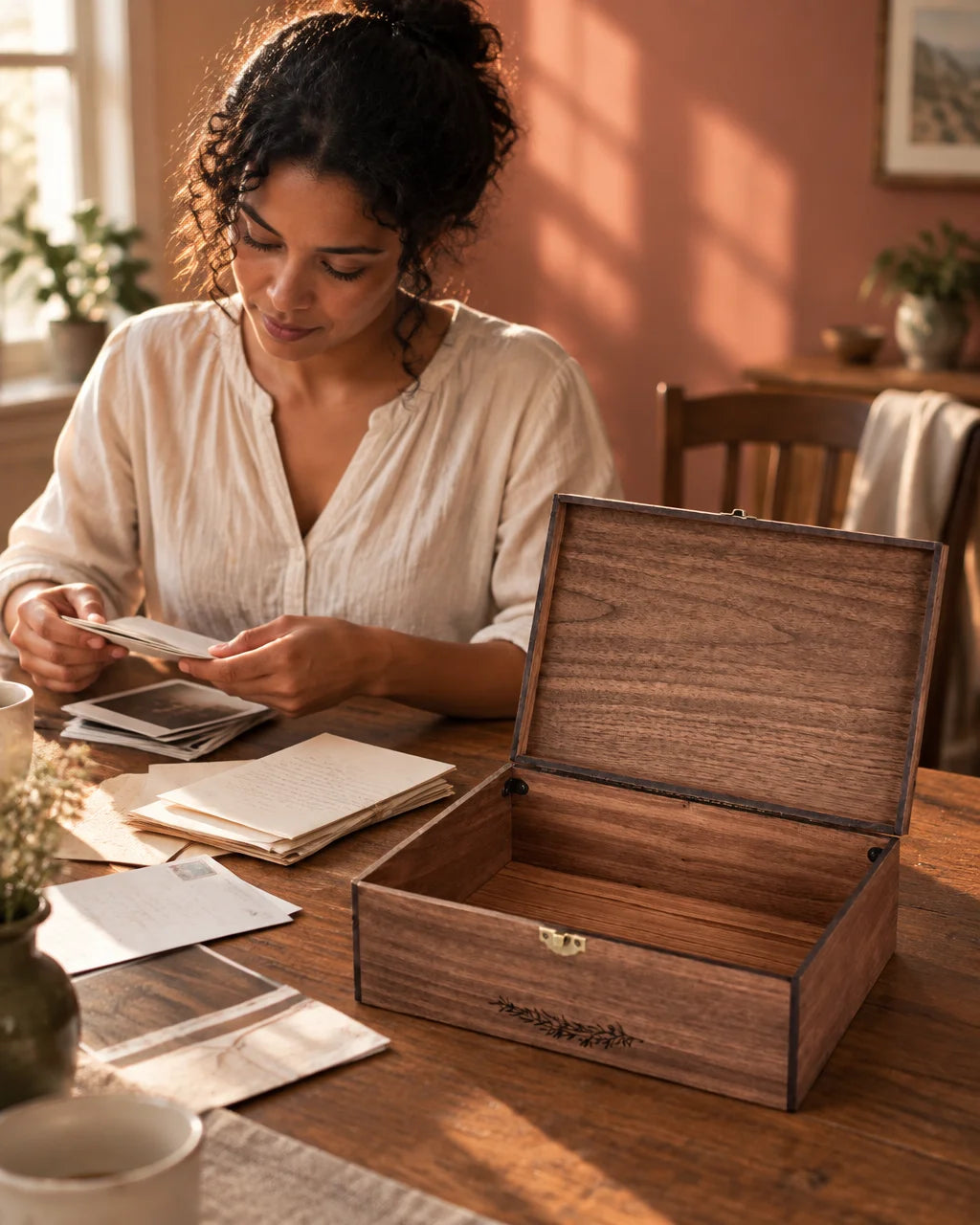The exact walnut wood time capsule box from the reference, open and closest to the viewer, with its