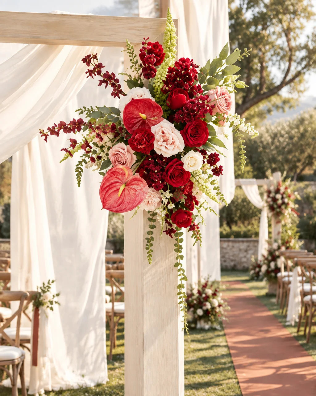 The exact dense red, pale pink, cream, and green artificial floral composition from the reference, l
